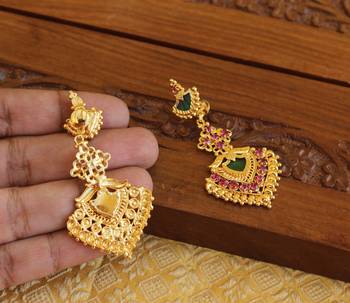 Kerala style gold plated ruby palakka earrings 3