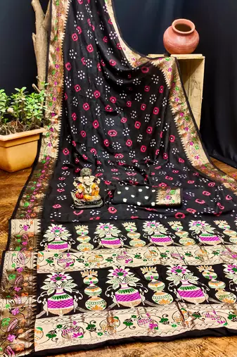 Black Women'S Pure Gharchola Bandhej Dola Silk Blend Saree