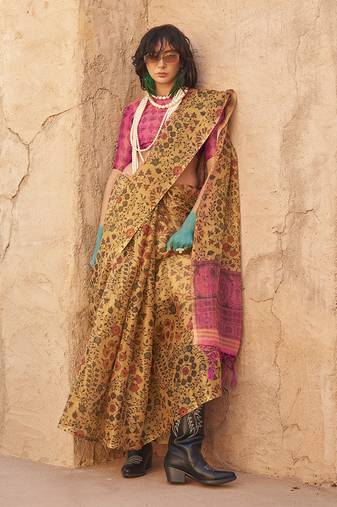 Stunning Mustard Colour Printed Tissue Designer Saree