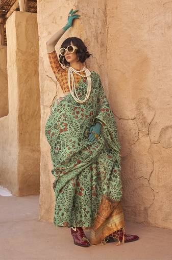 Stunning Sea Green Colour Printed Tissue Designer Saree