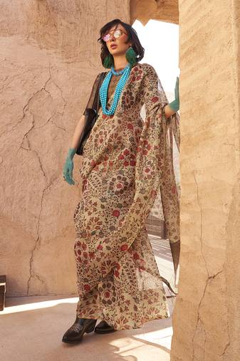 Stunning Beige Colour Printed Tissue Designer Saree