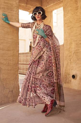 Stunning Baby Pink Colour Printed Tissue Designer Saree