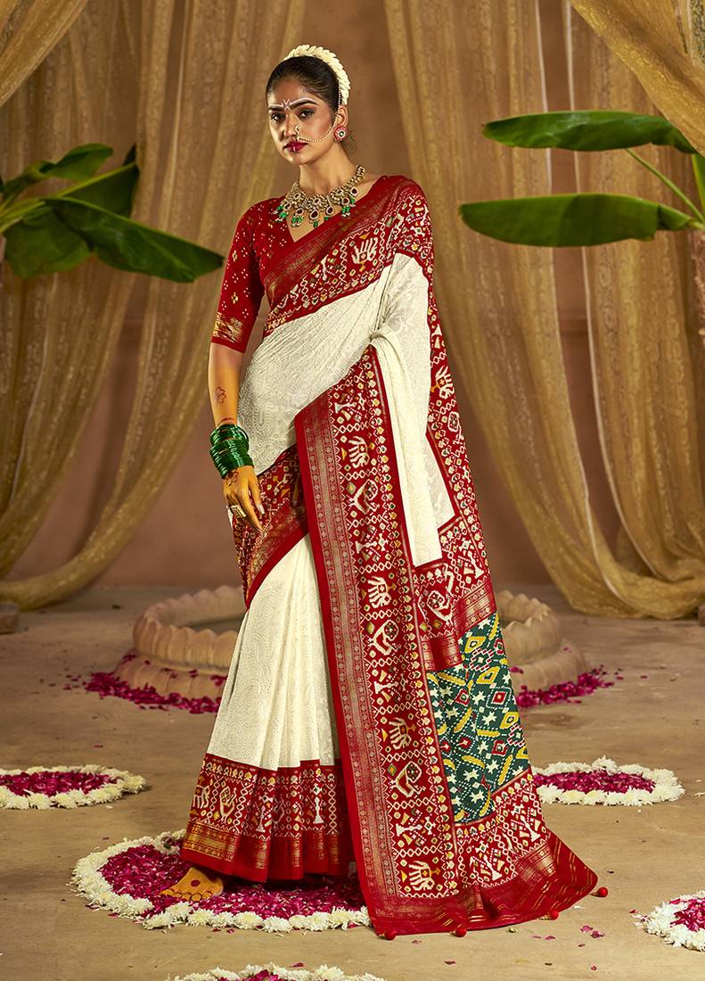 Off white colour georgette silk printed patola sarees with blouse