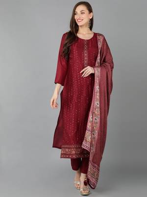 women maroon silk blend floral embroidered straight kurta trouser with dupatta 1