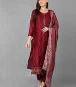women maroon silk blend floral embroidered straight kurta trouser with dupatta