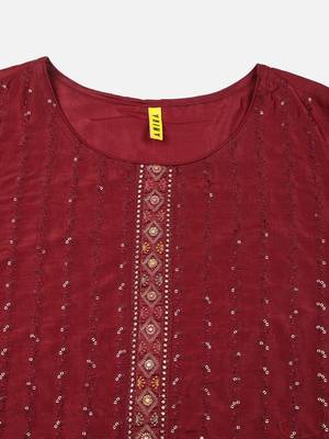 women maroon silk blend floral embroidered straight kurta trouser with dupatta 2