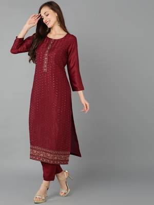 women maroon silk blend floral embroidered straight kurta trouser with dupatta 3