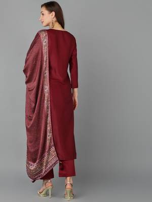women maroon silk blend floral embroidered straight kurta trouser with dupatta 4