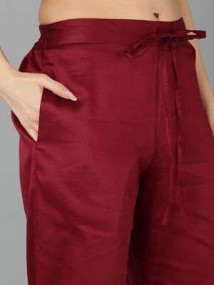 women maroon silk blend floral embroidered straight kurta trouser with dupatta 5