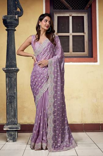 Satin Silk with heavy Embroidery Designer Work Purple saree with Blouse Piece