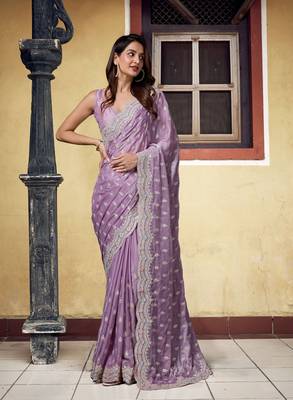 Trendmalls Satin Silk with heavy Embroidery Designer Work Purple saree with Blouse Piece 1