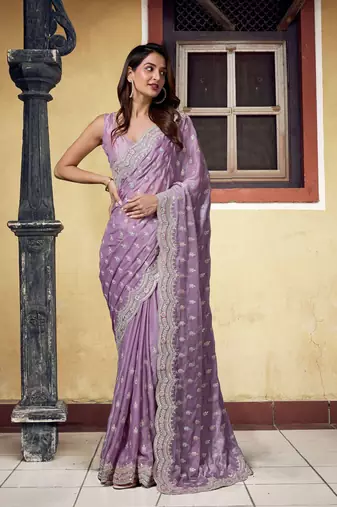 Satin Silk with heavy Embroidery Designer Work Purple saree with Blouse Piece