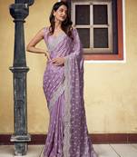 Satin Silk with heavy Embroidery Designer Work Purple saree with Blouse Piece