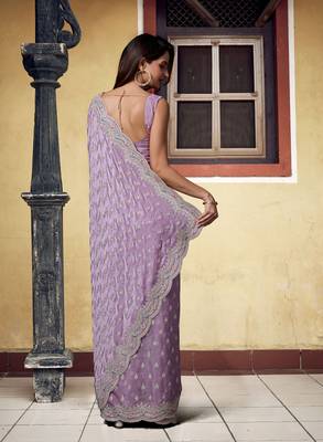 Trendmalls Satin Silk with heavy Embroidery Designer Work Purple saree with Blouse Piece 2