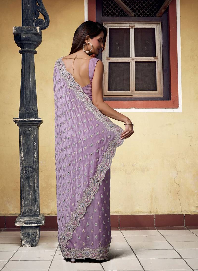 Satin Silk with heavy Embroidery Designer Work Purple saree with Blouse Piece