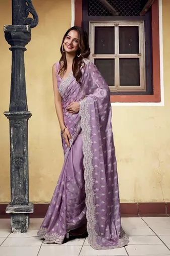 Trendmalls Satin Silk with heavy Embroidery Designer Work Purple saree with Blouse Piece