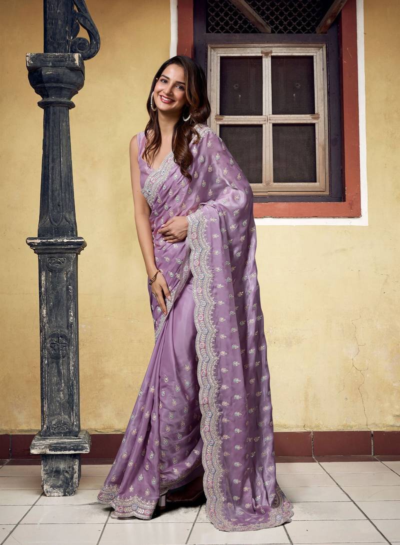 Satin Silk with heavy Embroidery Designer Work Purple saree with Blouse Piece
