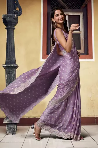 Trendmalls Satin Silk with heavy Embroidery Designer Work Purple saree with Blouse Piece