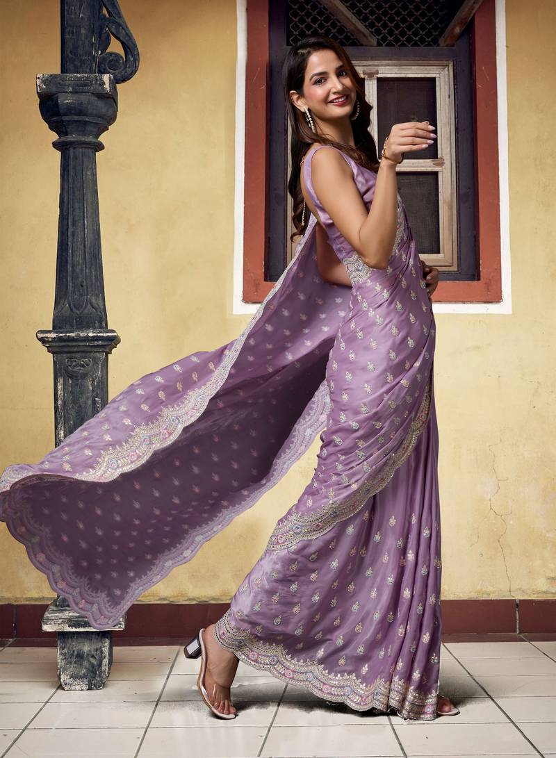Satin Silk with heavy Embroidery Designer Work Purple saree with Blouse Piece