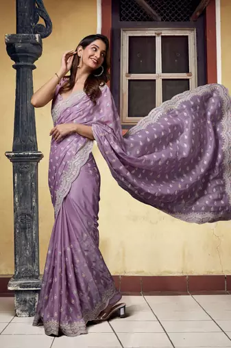 Trendmalls Satin Silk with heavy Embroidery Designer Work Purple saree with Blouse Piece