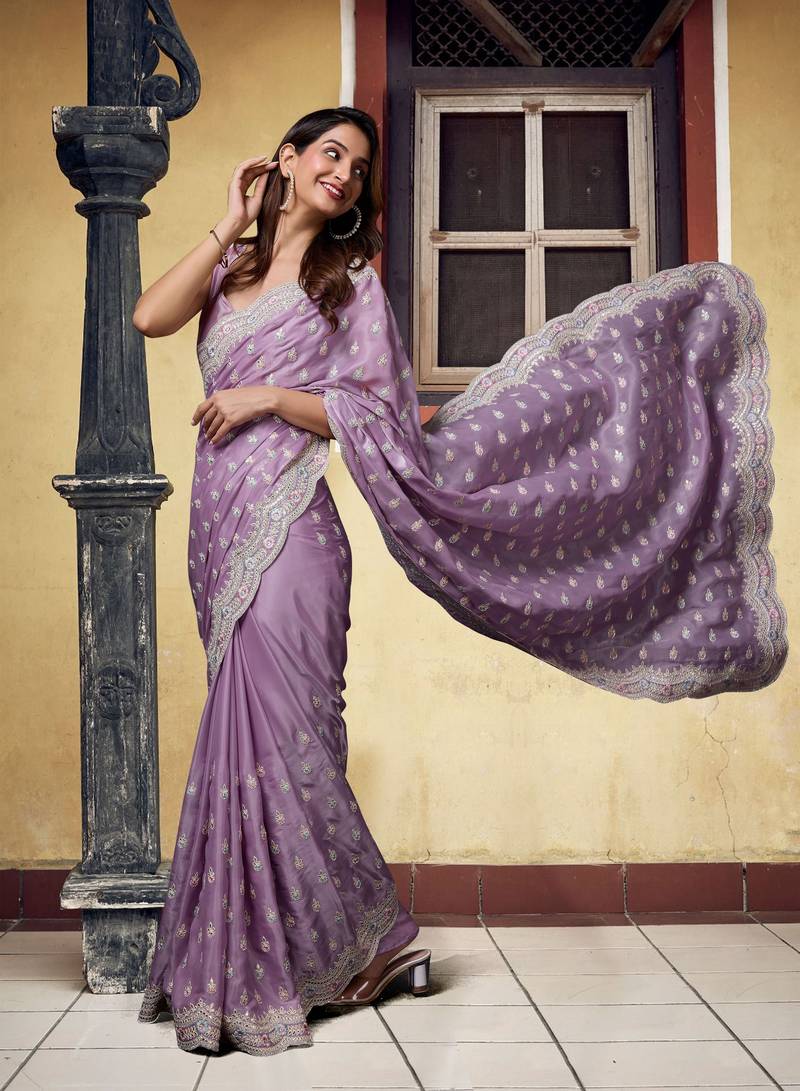 Satin Silk with heavy Embroidery Designer Work Purple saree with Blouse Piece