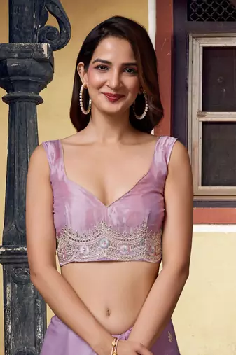 Trendmalls Satin Silk with heavy Embroidery Designer Work Purple saree with Blouse Piece