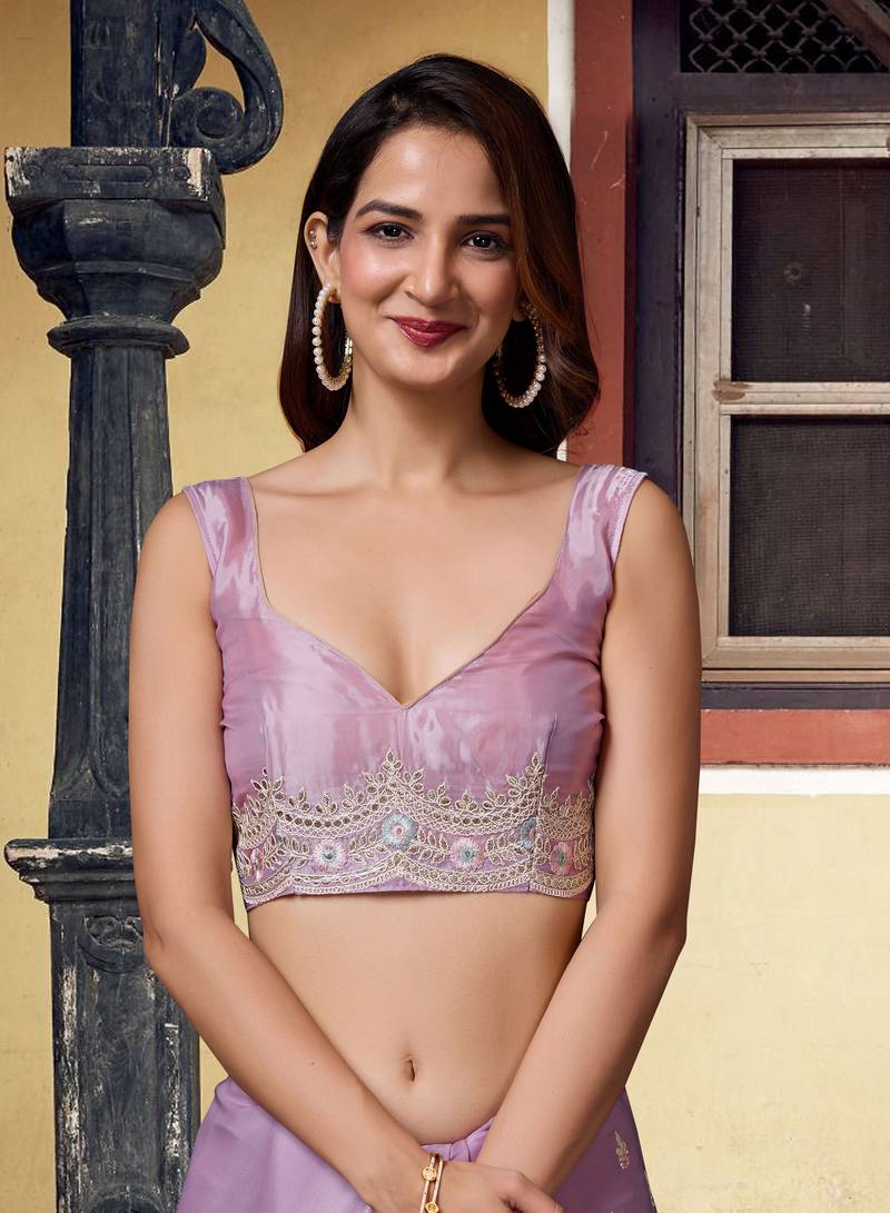 Satin Silk with heavy Embroidery Designer Work Purple saree with Blouse Piece