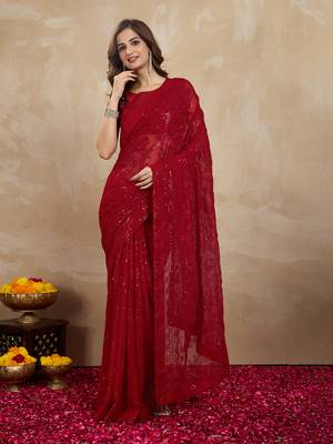 Georgette Heavy Embroidery Work Red Saree with Unstitched Blouse 1