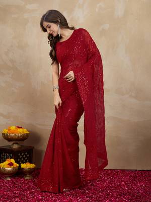 Georgette Heavy Embroidery Work Red Saree with Unstitched Blouse 2