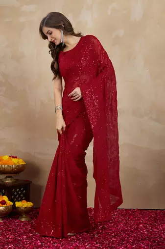 Trendmalls Georgette Heavy Embroidery Work Red Saree with Unstitched Blouse