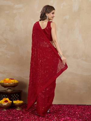 Georgette Heavy Embroidery Work Red Saree with Unstitched Blouse 3