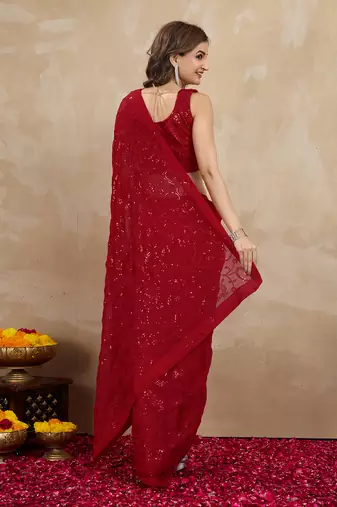Trendmalls Georgette Heavy Embroidery Work Red Saree with Unstitched Blouse