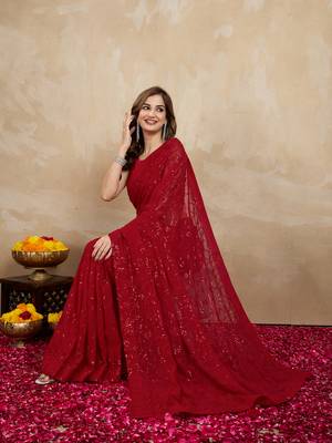 Georgette Heavy Embroidery Work Red Saree with Unstitched Blouse 4