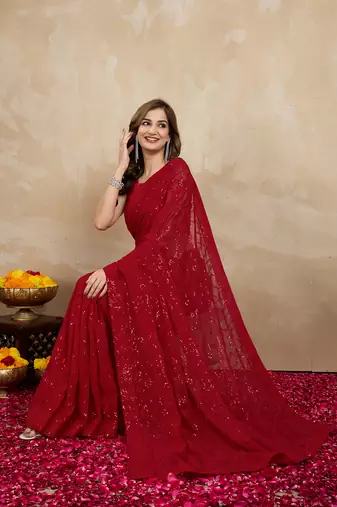 Trendmalls Georgette Heavy Embroidery Work Red Saree with Unstitched Blouse