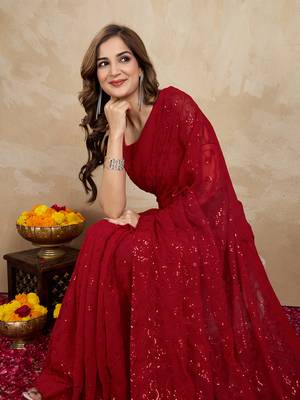 Georgette Heavy Embroidery Work Red Saree with Unstitched Blouse 5