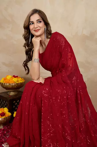 Trendmalls Georgette Heavy Embroidery Work Red Saree with Unstitched Blouse