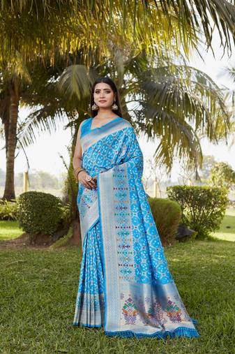 Sky Blue Woven Design Gharchola Bhandhej Silk Blend Saree With Blouse