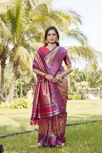 Blue and cream woven design pure Faux kanjivaram soft satin silk saree with blouse