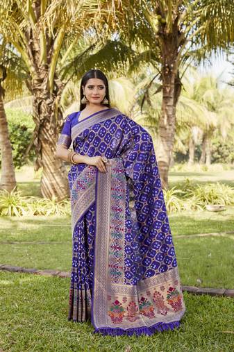 Violet Woven Design Gharchola Bhandhej Silk Blend Saree With Blouse