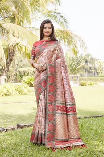 Green and cream woven design pure Faux kanjivaram soft satin silk saree with blouse