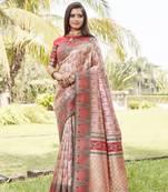 Green and cream woven design Faux kanjivaram soft satin silk blend saree with blouse