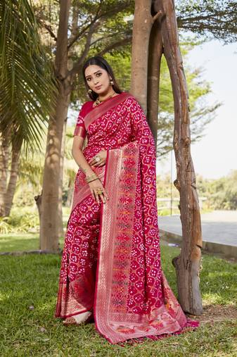 Maroon Woven Design Gharchola Bhandhej Silk Blend Saree With Blouse