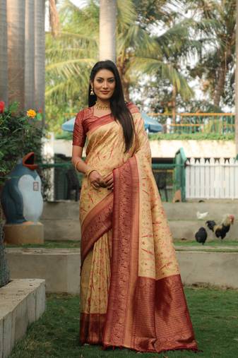 Cream woven design pure Faux kanjivaram soft satin silk saree with blouse