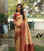Cream woven design Faux kanjivaram soft satin silk blend saree with blouse