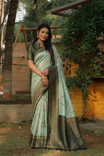 Light green woven design pure Faux kanjivaram soft satin silk saree with blouse