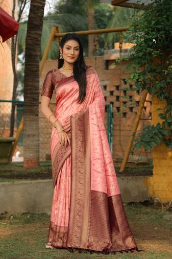 Peach woven design pure Faux kanjivaram soft satin silk saree with blouse