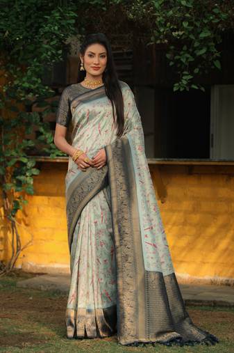 Grey woven design pure Faux kanjivaram soft satin silk saree with blouse