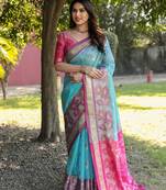 Sky Blue Woven Design Organza Saree With Blouse