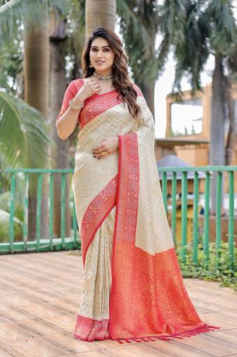 Cream woven design kanjivaram pattu silk saree with blouse