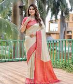 Cream woven design kanjivaram pattu silk blend saree with blouse
